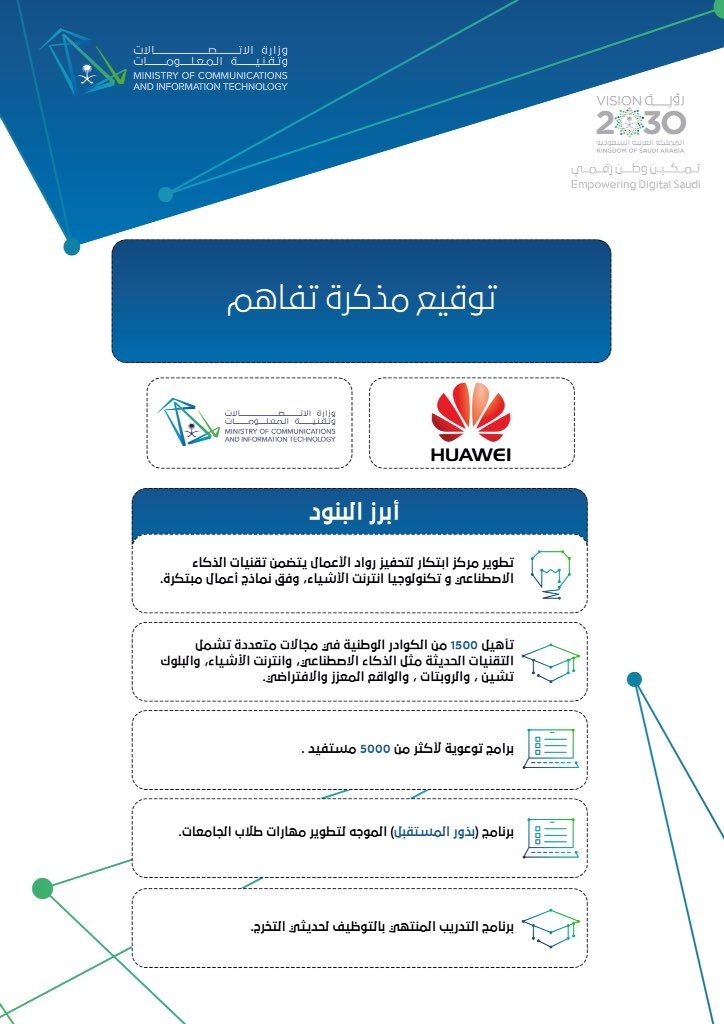 وزارة الاتصالات وتقنية المعلومات توقع مذكرة تفاهم مع شركة "هواوي تك انفستمنت"