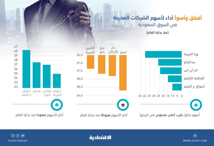 17 شركة مدرجة تتراجع أسهمها أكثر من 30 % منذ بداية العام .. و6 شركات تحلق لمستوى تاريخي