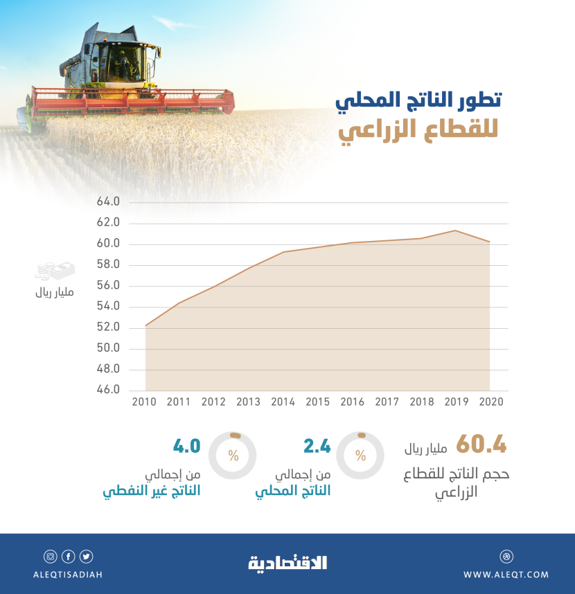 60.4 مليار ريال حجم النشاط الزراعي السعودي .. 4 % من القطاع غير النفطي في 2020