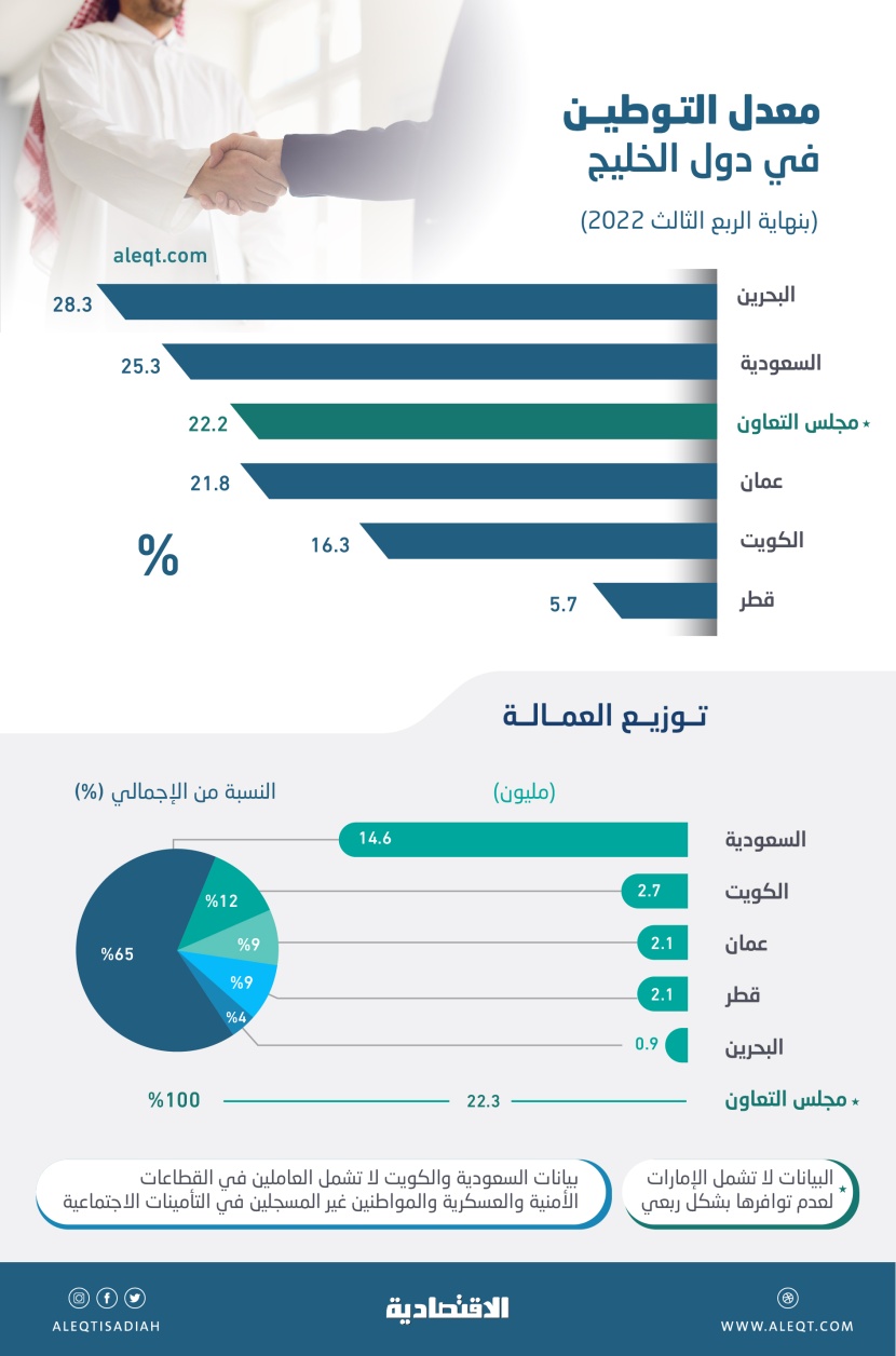 معدل التوطين في دول الخليج يرتفع إلى 22.2 % .. البحرين والسعودية الأعلى